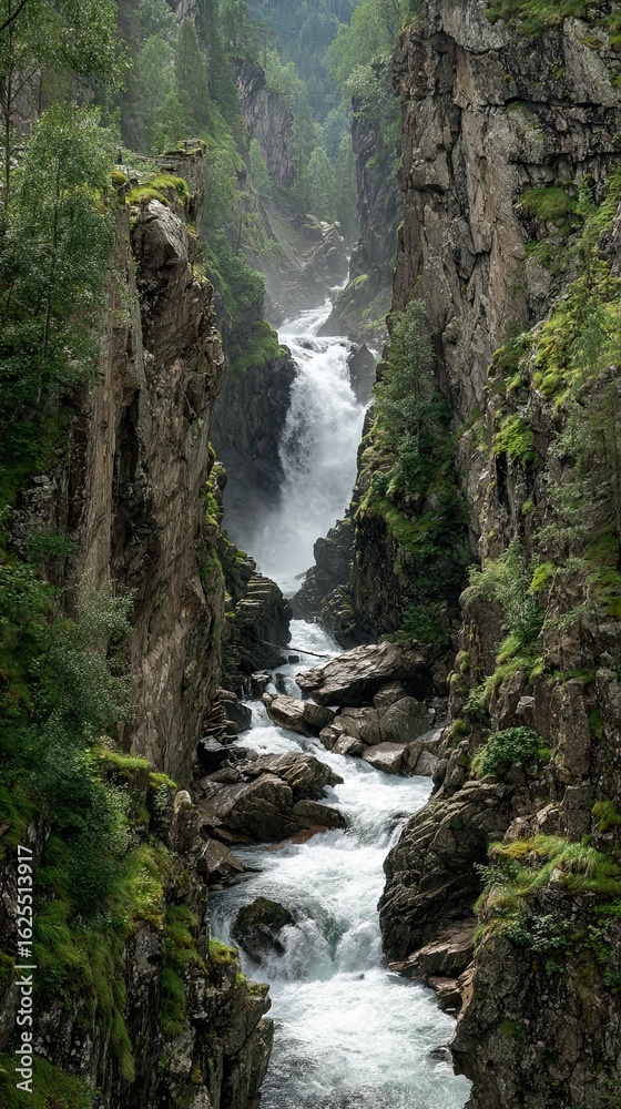 Obraz premium Mountain gorge waterfall scene