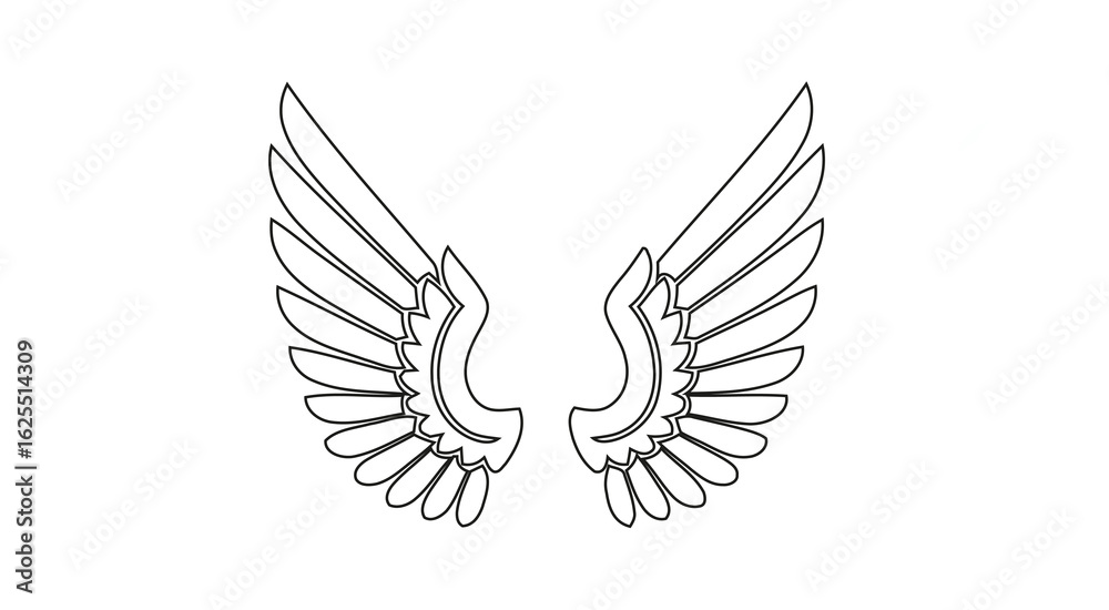 Obraz premium Angelic wings outlined in black on a white background with detailed feathering