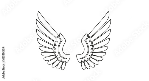 Angelic wings outlined in black on a white background with detailed feathering