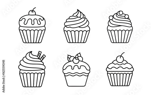 Assortment of Six Cupcake Line Drawings with Cherries and Wafers