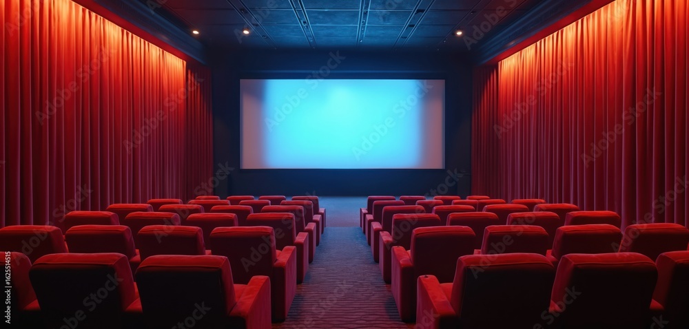 Fototapeta premium Luxurious home theater room features plush red velvet seats facing large projection screen. Rich red curtains adorn walls, creating intimate cinema atmosphere ideal for movie nights private