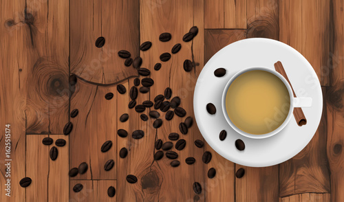 Morning coffee is served in an elegant cup with a cinnamon stick neatly placed on a matching saucer.