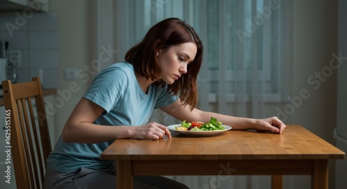 Sad woman sitting alone with salad at dinner table