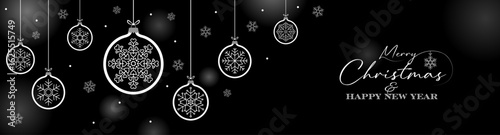 Black Merry Christmas banner design with snowflake, baubles vector illustration. Winter holidays concept card design to use for merry christmas cards, winter banner advertising, holiday greetings. 