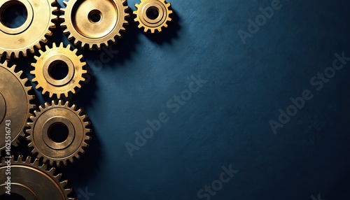 Metallic gears arranged in dynamic pattern against textured dark blue background. Illustration captures of engineering, industry, mechanical processes. Ideal for themes of teamwork, mechanics,