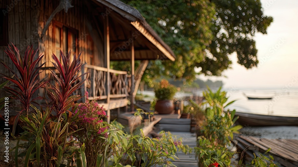 Fototapeta premium A beachfront bungalow bathed in golden hour light, evoking tropical serenity.