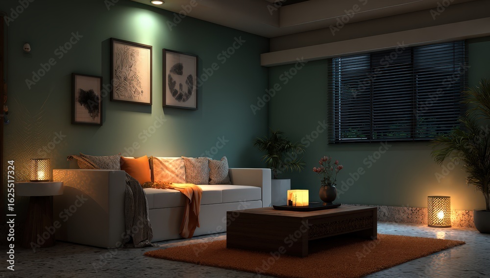 Fototapeta premium Pixelated Living Room Interior With Cozy Sofa And Warm Lighting