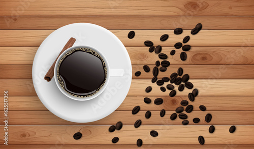 A cup of hot coffee on a wooden table with a cinnamon stick neatly placed in a white ceramic saucer.