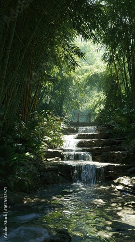Waterfall in lush bamboo forest