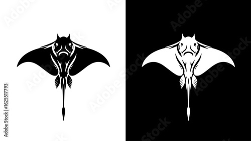 A stylized stingray glides gracefully through the deep ocean, its silhouette a dramatic contrast against the dark water, evoking a sense of mystery.