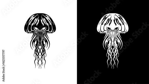 An intricately detailed black and white stylized jellyfish floats serenely in the deep ocean, conveying a sense of mystery and elegance.