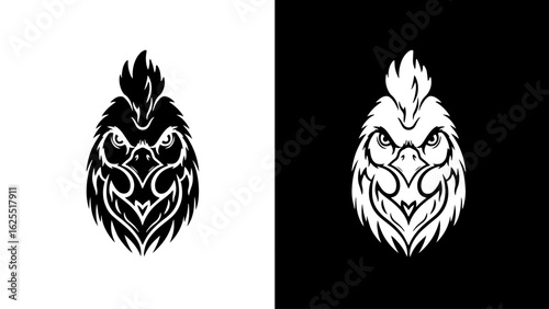 A fierce rooster's head, rendered in stark black and white, confronts the viewer with intense determination, embodying strength and power.