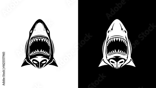A great white shark's gaping jaws, rendered in stark black and white, convey a powerful and aggressive mood.