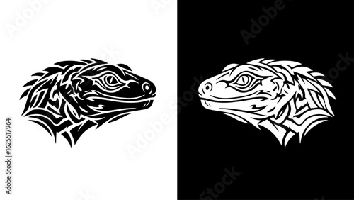 A stylized iguana head, rendered in stark black and white, conveys power and mystery with its intricate tribal design.