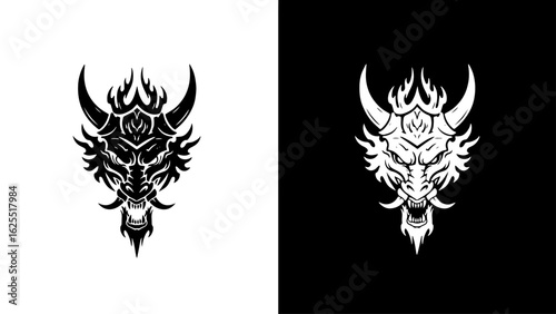 A fierce dragon head, adorned with flames and horns, snarls aggressively against a stark monochrome background, embodying power and darkness.