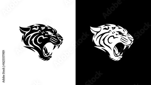 A stylized jaguar's head, roaring fiercely, presented in profile against a stark black and white background, conveying power and aggression.