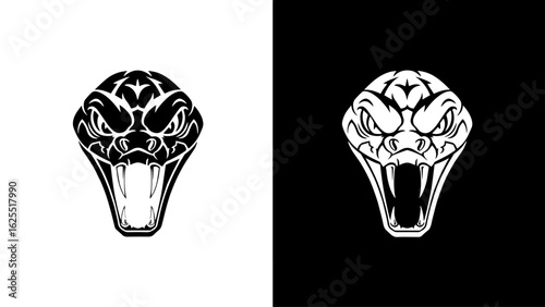 A menacing cobra's head, fangs bared in a fierce strike, is depicted in stark black and white, conveying a powerful and aggressive mood.