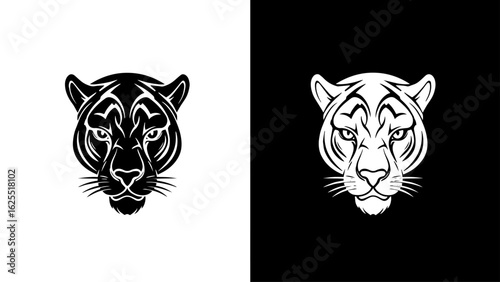A stylized cougar's head stares intensely forward, rendered in stark black and white, conveying power and mystery.
