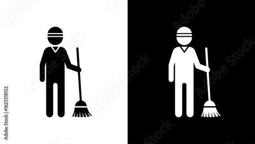 A person stands holding a broom, ready to sweep, a simple yet effective cleaning illustration.