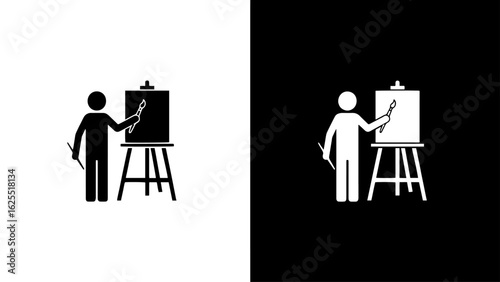 An artist meticulously paints on a canvas easel, showcasing their creative process in a minimalist studio setting.