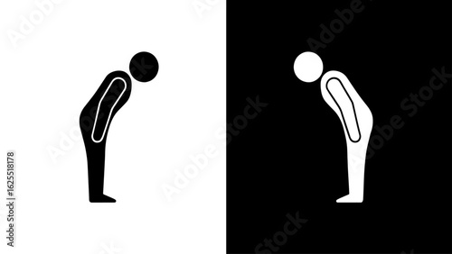 A minimalist pictogram depicts a person bowing deeply, conveying respect, humility, or submission against a stark black and white background.