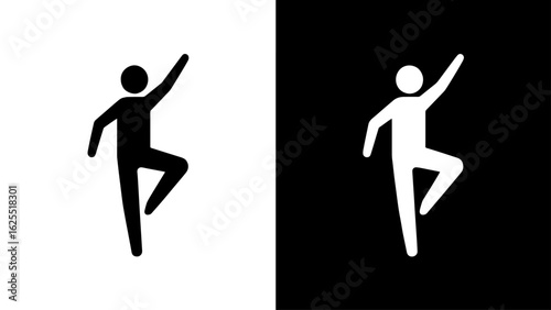 A stylized stick figure playfully dances, one leg raised, arm outstretched, against a stark, contrasting monochrome background.