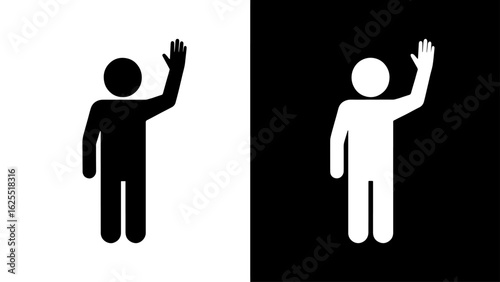 A simple pictogram of a person raising their hand in a gesture of greeting, farewell, or seeking attention, depicted against a contrasting black and white background.