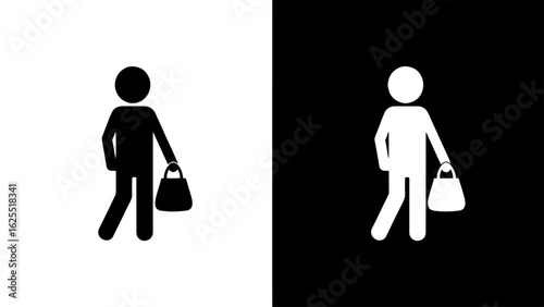 A minimalist pictogram of a person casually strolling while carrying a shopping bag, conveying a sense of relaxed shopping.