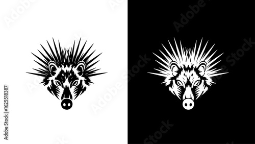 A stylized boar's head, with spiky fur, stares intensely forward against a stark black and white background, conveying power and primal energy.