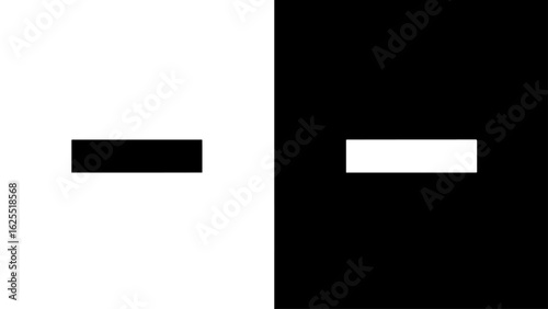 A minimalist graphic design featuring two contrasting rectangular shapes, one black on white, the other white on black, creating a stark visual dichotomy.
