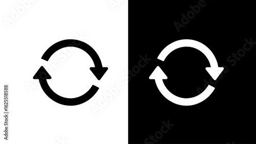 Two opposing circular arrows rotate continuously against a stark black and white background, symbolizing perpetual motion and renewal.