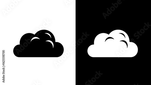 A single, stylized black cloud floats against a stark white background, conveying a sense of mystery and impending weather.