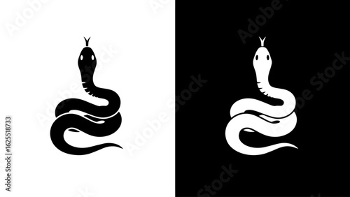 A coiled snake, poised and alert, in a minimalist black and white design, evokes a sense of mystery and power.