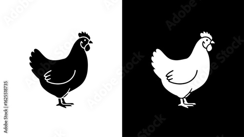 A hen stands calmly against a stark black and white background, conveying simplicity and duality.