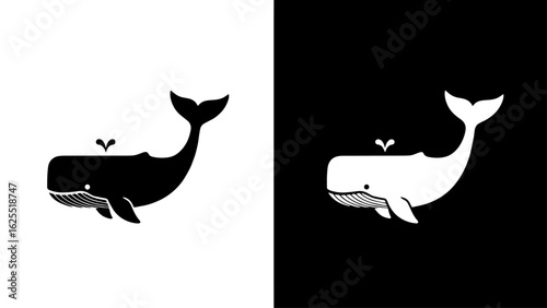 A stylized black and white whale spouts water against a split background, conveying a sense of serene duality.