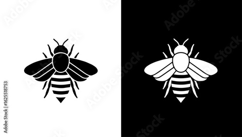 A stylized bee, depicted in bold black and white, hovers against a stark contrasting background, conveying a sense of duality and graphic simplicity.