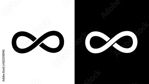 A bold, black infinity symbol elegantly intertwines on a stark white and black background, symbolizing endless potential and continuous growth.