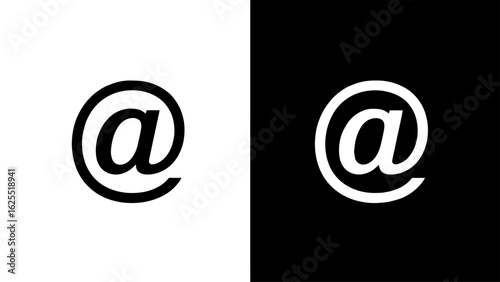 A bold, stylized "@" symbol, presented on both black and white backgrounds, conveying a concept of digital communication and connection.