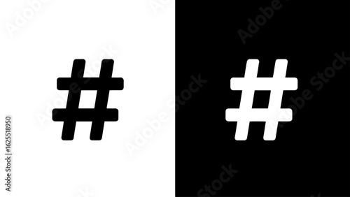 A bold hashtag symbol, rendered in stark black and white, against a split background, conveying a concept of duality and social media.