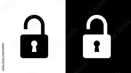 An unlocked padlock icon, presented in stark black and white, symbolizes freedom, openness, and the concept of accessibility.