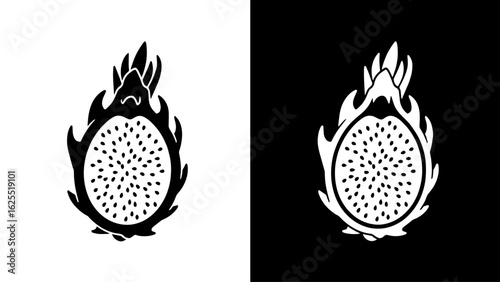 A vibrant, stylized illustration of a halved dragon fruit, showcasing its exotic seeds and dramatic, flame-like husk against a stark black and white background.