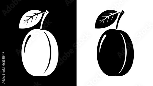A ripe plum with a single leaf, presented in stark black and white, symbolizes simplicity and natural purity.