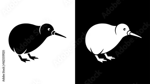A stylized kiwi bird stands on a stark white and black background, conveying a sense of duality and quiet strength.