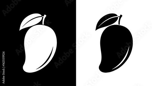 A ripe mango with a leaf, presented in contrasting black and white, symbolizes duality and simple elegance.