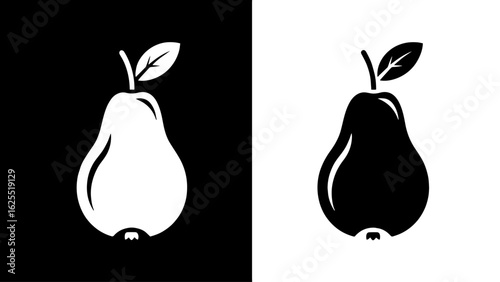 A stylized pear with a leaf, presented in stark black and white, conveys a minimalist and elegant design.