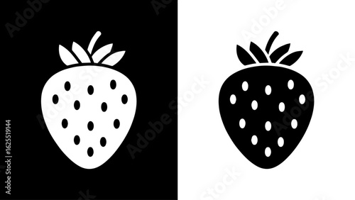 A juicy, ripe strawberry, depicted in stark black and white, symbolizes contrasting elements and vibrant simplicity.