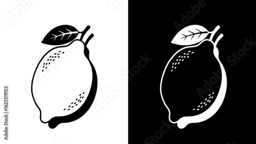 A single ripe lemon with a leaf, depicted in stark black and white, conveys a sense of freshness and simplicity.