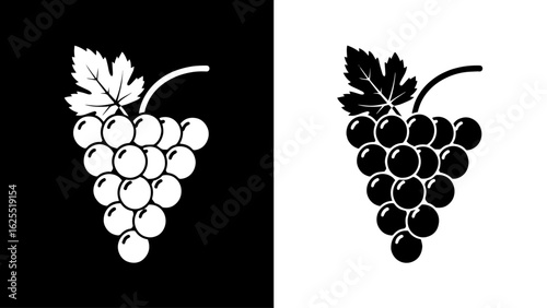 A bunch of ripe grapes hangs from a vine, a leaf attached, against a stark black and white background, symbolizing duality and contrast.