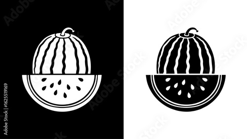 A whole watermelon sits atop a juicy watermelon slice, creating a vibrant summer still life against a stark black and white background.