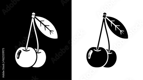 Two ripe cherries with a single leaf hang against a stark black and white background, symbolizing duality and simplicity.